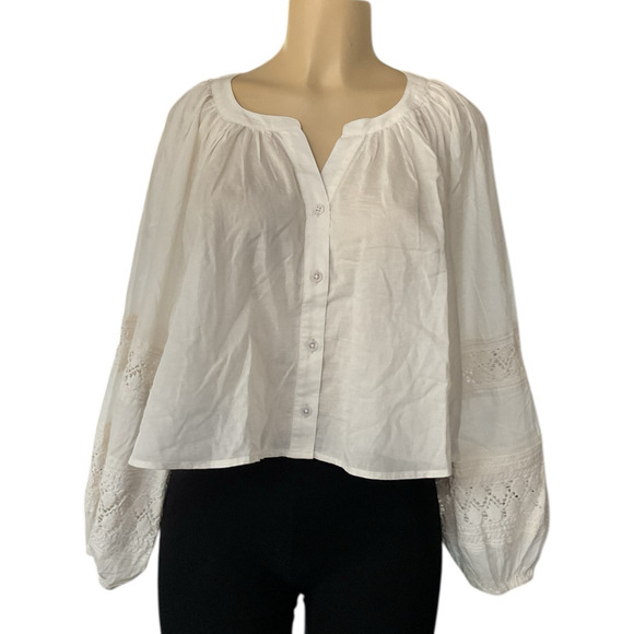 Aerie Natural Crochet Button Shirt Women’s S Boho Peasant Blouse Lace Ruffle - Picture 6 of 13